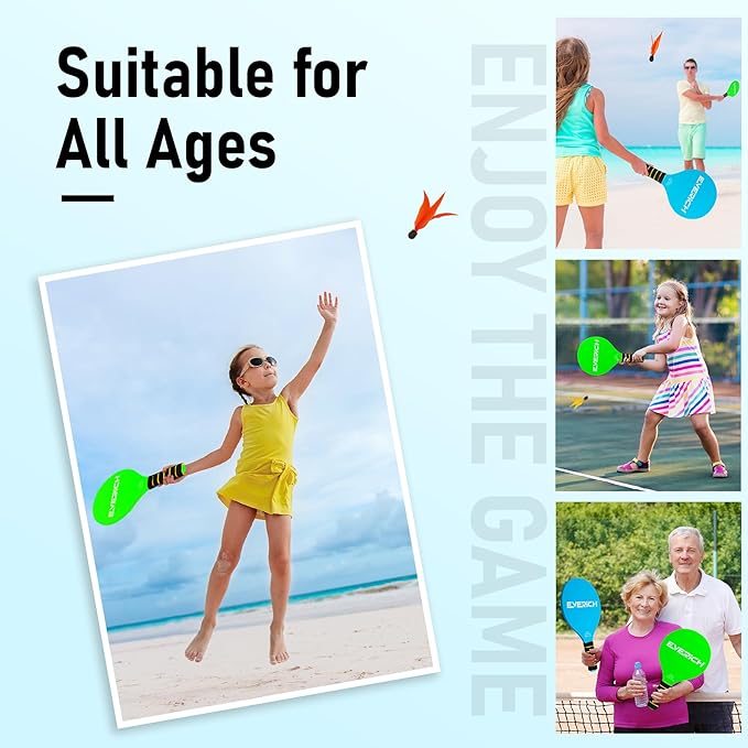 EVERICH Toss and Catch Ball Game Set & Paddle Ball Set, 4 Paddles 4 Balls 4 Birdies for Kids Teens Adults, Outdoor Indoor Beach Yard Pool Toy Games for Family Fun, All-Season Play Birthday Easter Gift