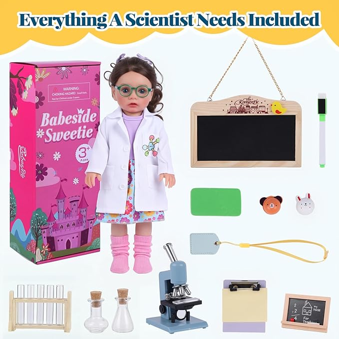 BABESIDE American Realistic Baby doll Girl - 16-Inch Scientist Doll PlaySet with Microscope & Toy Chemistry Lab Accessories for 5 6 7 8 9 10 11 12 Years Girl Gift, Pretend Play, Birthday & Christmas