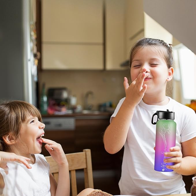 Custom Water Bottle with Birth Month Flower Personalized Water Bottles with Straw Lid Stainless Steel Customized Text Name Double Wall Insulated Cup Birthday Gifts for Kids Women Men Sports