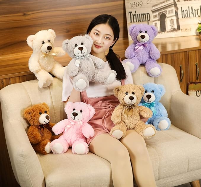 Plush Teddy Bear Cute Stuffed Animal Bear with Bow Plush Toys 13.8 Inches(Khaki,6pcs)