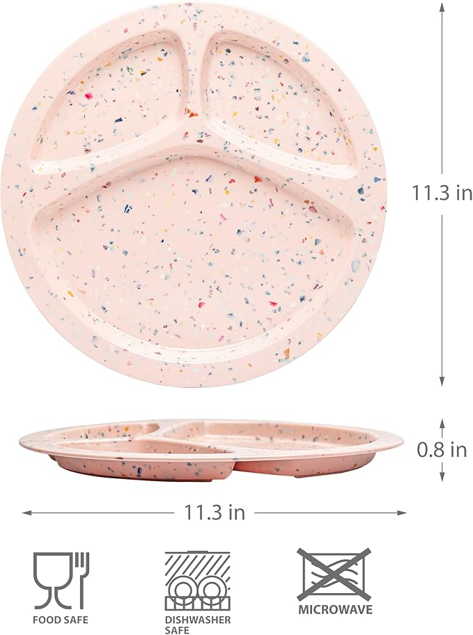 bzyoo 11-Inch Divided Plates Set of 2 - Confetti Pink BPA-Free, 100% Melamine Portion Control Plates with Dividers Unbreakable, Dishwasher Safe for Kids, Camping, BBQ Parties Fun