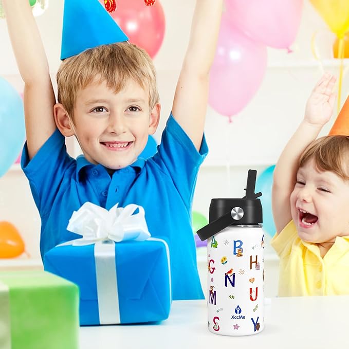 Alphabet Kids Water Bottle With Straw Lid,14 oz Stainless Steel Travel Bottle,Double Wall Leak Proof Kids Cup,Insulated Tumbler for Toddlers,Metal Animal Bottle for School Boys Girls