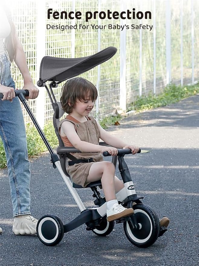 newyoo Tricycle for Toddlers 1-3, Toddler Bike, Toddler Tricycle with Push Handle and Canopy, Birthday Gift and Toys for Girl and Boy, 6 in 1 Baby Trike, Balance Bike, TR009, White