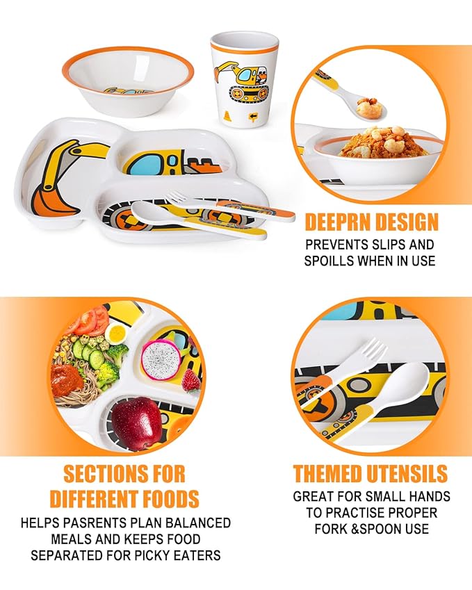 Lehoo Castle Kids Plates and Bowls Sets, Kids Dinnerware Set Includes Plate, Bowl, Cup and Tableware, Made of Durable Material, Perfect for Child, Toddler Utensils Self Feeding (5 Piece Construction)
