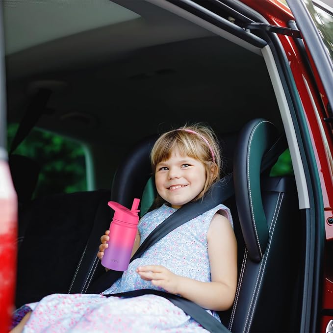 Mininoo Insulated Kids Water Bottle, 12 oz Stainless Steel Water Bottle Kids with Straw Lid and Chug Lid for Girls, Boys (Punch/Purple)