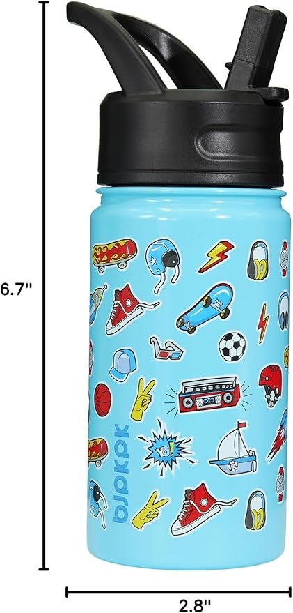 BJPKPK Insulated Water Bottle with Straw Lid, 15 oz Stainless Steel Metal Water Bottles, Reusable Leak Proof BPA Free Water Bottles, Cups, Thermo, Playground