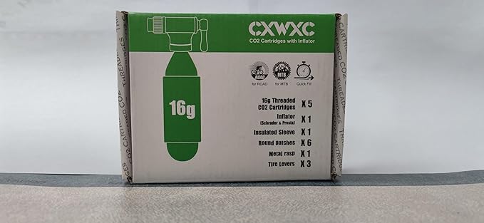 CO2 Inflator Kit with 5 X 16g CO2 Threaded Cartridges- Presta & Schrader Valve Compatible -Portable CO2 Bike Tire Pump Come with Glueles Repair Kit for Road & Mountain Bike