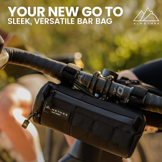 Compact Bar Bag – Midnight Black | Hard-Shell Bike Handlebar Bag with Waterproof Zipper & Adjustable Straps | Lightweight Bicycle Handlebar Bag, Compatible with Road, Gravel & MTB Bikes