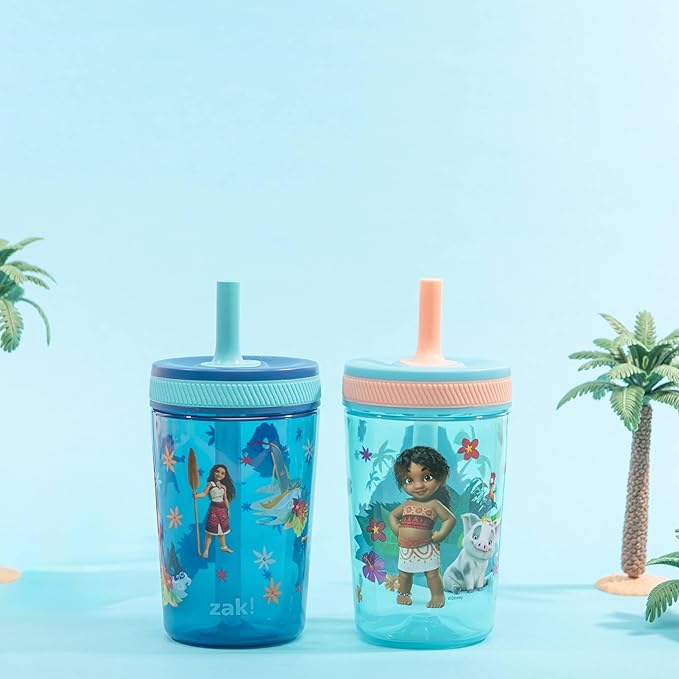 Zak Designs Disney Moana 2 Kelso Toddler Cups For Travel or At Home, 15oz 2-Pack Durable Plastic Sippy Cups With Leak-Proof Design is Perfect For Kids (Moana, Maui, Simea)