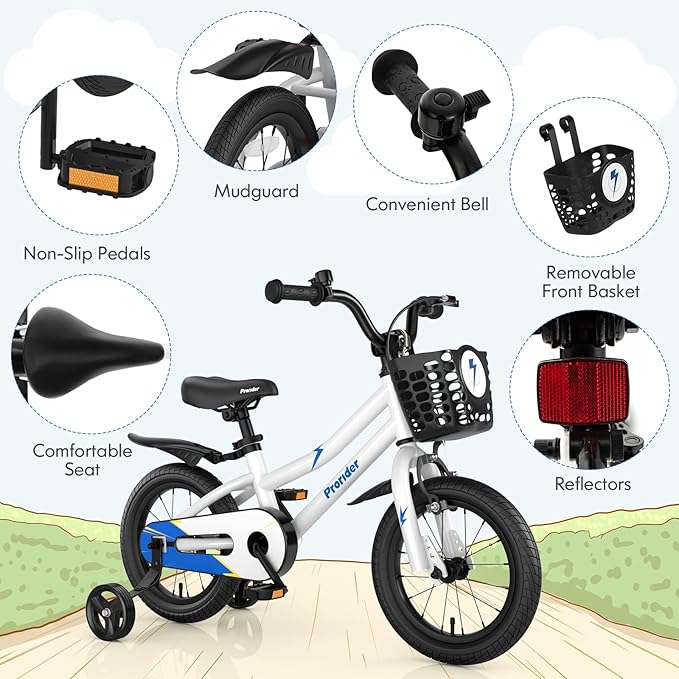 COSTWAY Kids Bike, 12 14 16 18 Inch Toddler Bike for Boys & Girls Aged 3-8 Years Old, Kids Bicycle w/Removable Training Wheels, Handbrake & Coaster Brake, Basket, Bell