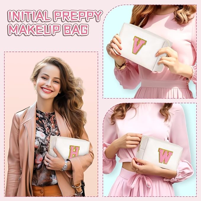 TOPEAST Initial Makeup Bag for Travel, Chenille Letter Pouch Cosmetic Bag, PU Leather Waterproof Toiletry Bag, Personalized Gifts for Bride Bridesmaids, Cute Things for Girls (Pearly White Q)