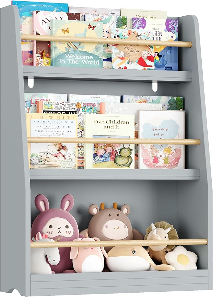 Kids Bookshelf, 3-Tier Montessori Book Shelf Organizer for Books and Toys, Toddler Bookshelf for Bedroom, Living Room, Playroom, Classroom, Nursery - Gray