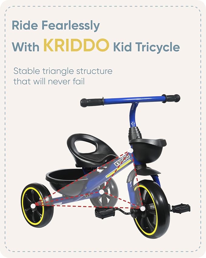 KRIDDO Kids Tricycles Age 24 Month to 4 Years, Toddler Kids Trike for 2.5 to 5 Year Old, Gift Toddler Tricycles for 2-4 Year Olds, Trikes for Toddlers, Blue