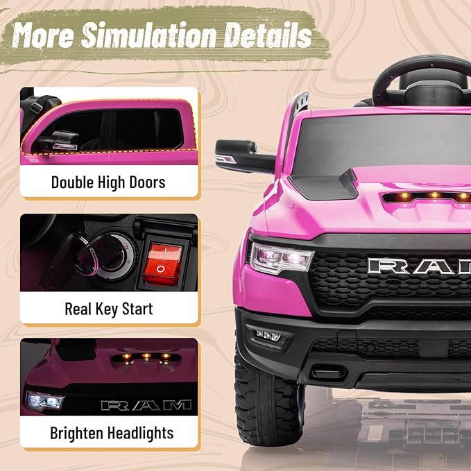 Ram 1500 Ride on Toys for Kids 4-8, Ride on Pickup Truck for Toddlers with Remote Control,12V Battery Powered Car with Trunk, Bluetooth, Music, Safety Belt (Pink)