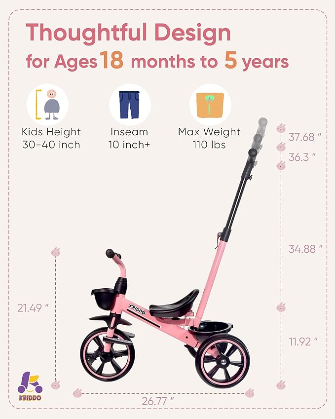 KRIDDO 2-in-1 Toddler Tricycle for Ages 18 Months to 5 Years Old - Extended Push Handle for Effortless Push, Gift Trike for Toddler 3 to 5 Year, Kids Tricycle with Foldable Front Footrest, Pink