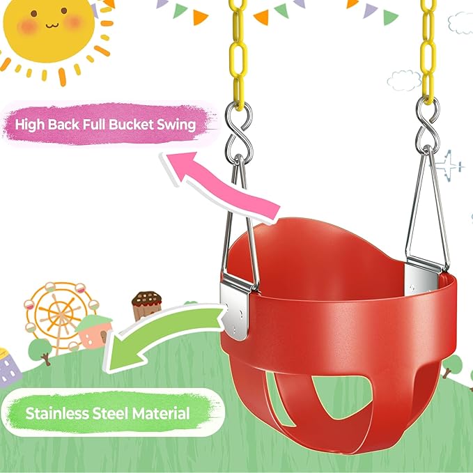 AGPTEK High Back Full Bucket Toddler Swing Seat Infant Swing with Yellow Coated Swing Chains and Carabiners Baby Swing Outdoor for Easy Install(Red)