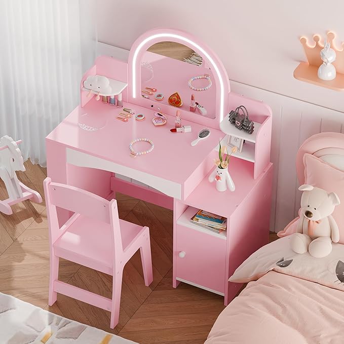 MU Kids Vanity with Lights, Princess Makeup Vanity Desk with Open Bookshelf, Storage Cabinet & Shelves, 2 in 1 Toddler Vanity Table & Chair Set with Lighted Mirror for Little Girls, Pink