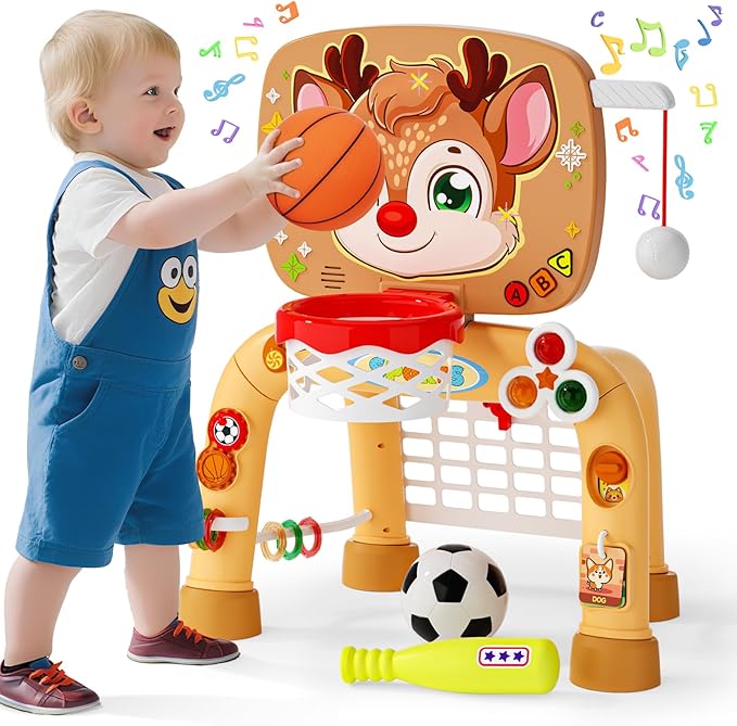 Toddler Basketball Hoop & Soccer Goal Baseball Play Activity Center,Toys for 1 2 3 Year Old Boys Girls,Montessori Sports Toys with Sound Music Christmas Birthday Gifts for Baby Kids 12 Months+