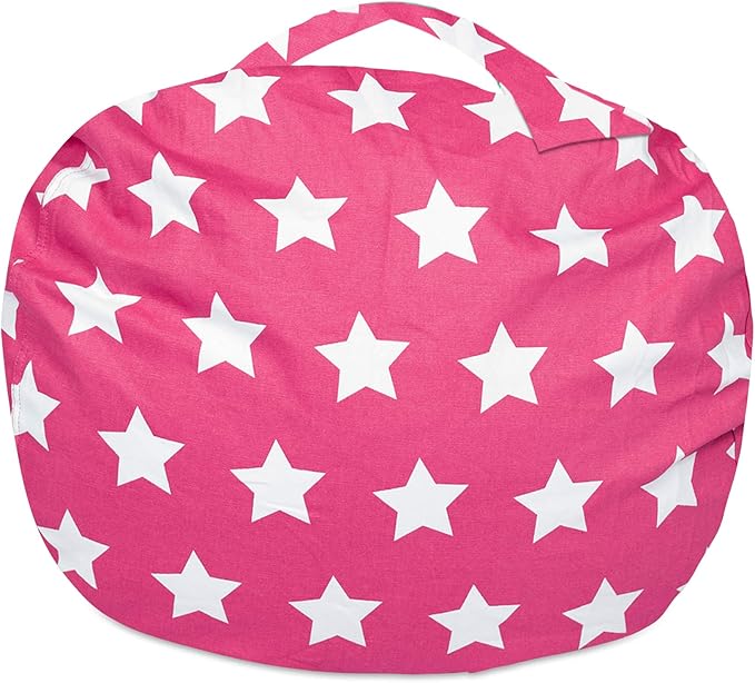 Posh Creations Kids Stuffed Animal Storage Bean Bag Chair Cover - Childrens Toy Organizer, Large-38in, Canvas White Stars on Pink