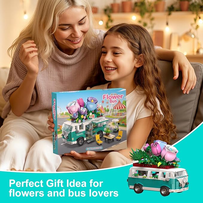 Flower Car Building Block Set, City Camper Van Building Set Botanical Collection Flowers Vehicles Blocks Toys Friends Creative Gift for Boys Girls 6-12 Years Old (862 pcs)