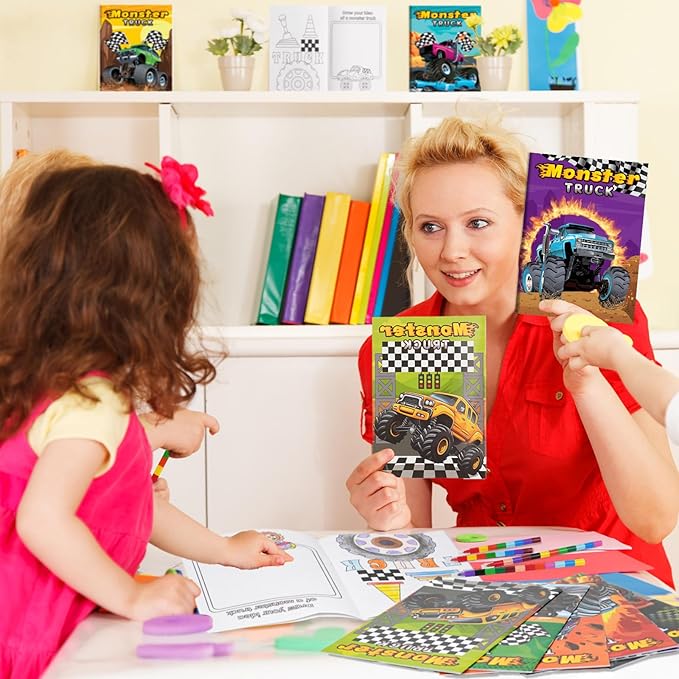 BenLouis 12 Monster Truck Mini Coloring Books Kids with 12 Stacking Crayons Car wheels Party Favors Small Activity Books Bulk for Kids Monster Truck Party Gift Goodie Bag Stuffers