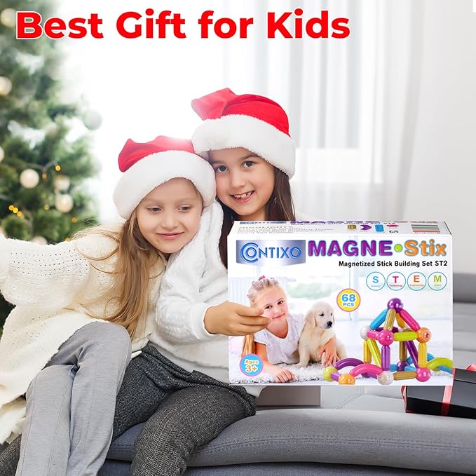 Contixo ST2 Kids Magnetic Stix Stick 68 PCs 3D Building Blocks STEM Construction Playboards Creativity, Imagination, Recreational, Educational for Children Toddler, 3+ Year Old Boys and Girls