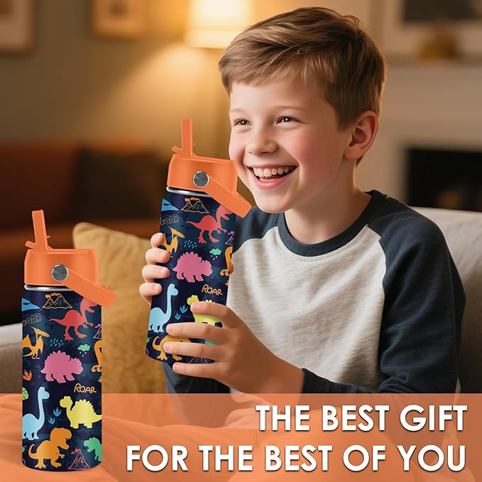 Dinosaur Gifts for Kids - 16oz Colorful Dino Water Bottle with Straw Lid, Stainless Steel Insulated Tumbler, Leakproof, BPA-Free, for Boys & Girls, School, Travel - Dino Lovers Birthday Gift Cup (1pc)