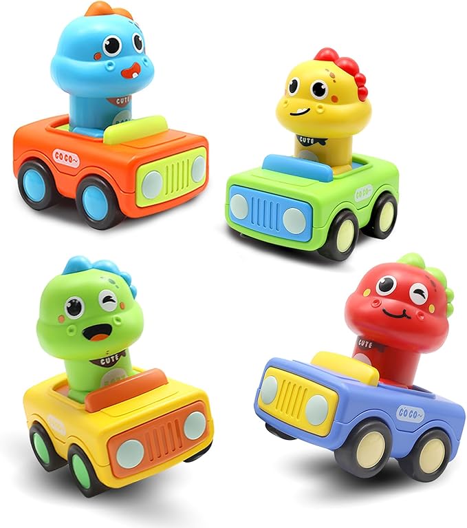Pbooo Press to Go Car, Dinoaur Car Toys for Toddlers 1-3, Kids' Play Vehicles and Race Cars, Push Go Cars for 6-12-18 Month, Ideal Christmas and Birthday Gift for 1-2 Year Old Kids
