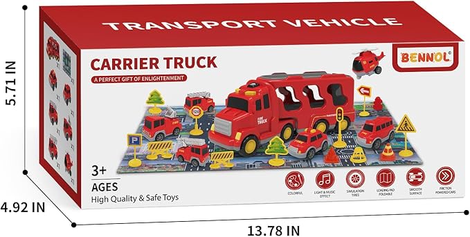 Bennol Toddler Car Toys for 1 2 3 4 5 6 Years Old Boys, 7 in 1 Fire Car Trucks Playset with Play Mat & Accesoories, Birthday Gifts for Toddlers Kids Boys Girls Age 1-3 3-5