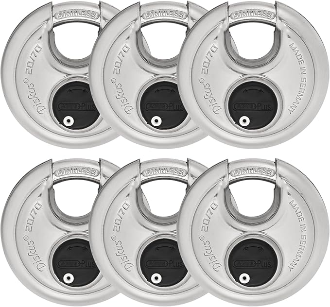 6 Pack ABUS Diskus 20/70 Heavy Duty Stainless Steel Disk Padlock - Rustproof Storage Lock with 3/8" Shackle - Made in Germany - Keyed Different
