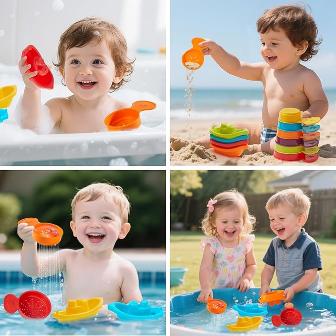 Baby Bath Toys for Toddlers, 15 PCS Mold Free Bathtub Water Play Toys with Rainbow Color Floating Boats Spoons and Silicone Sensory Bath Toys, Water Table & Pool Toys for Babies and Toddlers
