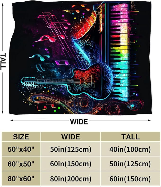 Colorful Guitar Blanket Ultra Soft Cozy Music Note Piano Throw Blanket Fleece Fuzzy Plush Bedding Rock Musical Instrument Gifts for Women Girls Kids Adults 60"x50"