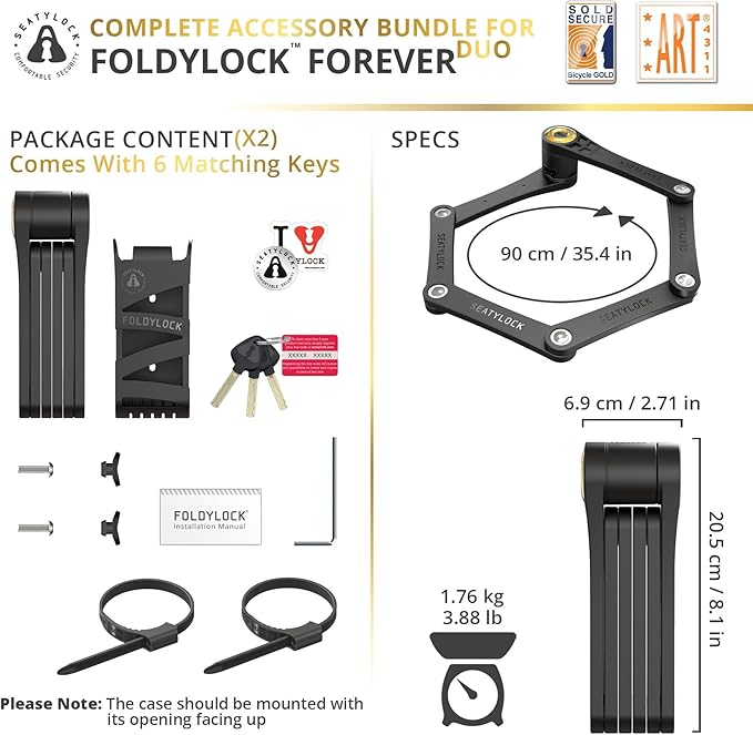 Seatylock FoldyLock Forever Folding Bike Lock Set - Patented 2 Matching Bicycle Locks with 6 Identical Keys - 18/18 Heavy Duty Anti Theft Secure Guard with Keys & Case Mount - 35.4"