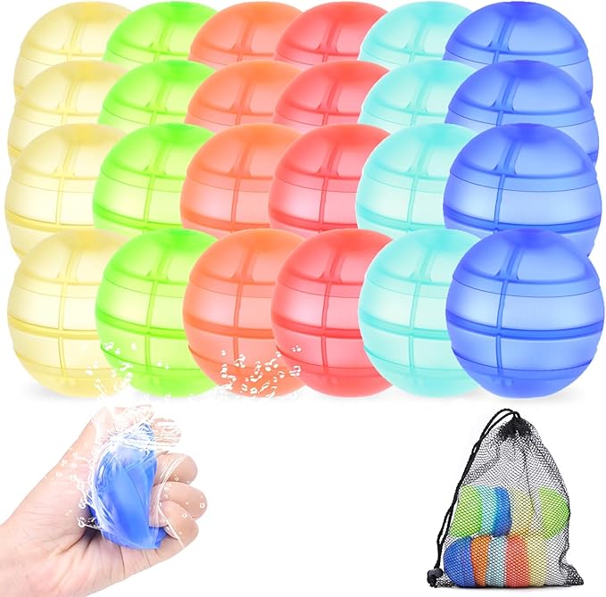 Reusable Water Balloons for Kids, 24PCS Refillable Latex-Free Silicone Water Bomb with Mesh Bag, Summer Toys Beach toys Swimming Pool Party Supplies Bath Toy Outdoor Idea Gift for Kids