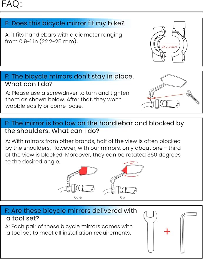 Bike Mirror Handlebar Mount 360° Adjustable Blue, Wide Rear View Mirror Bicycle Mirrors for Handlebars with Scratch Resistant Glass, Bike Rear View Mirror for Scooter, Motorcycle, Bike Accessory Left