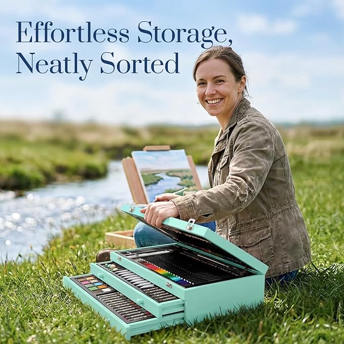 194 Piece Deluxe Art Set, Painting Drawing Art Supplies with 4 Drawing Pads, Acrylic Paints, Crayons, Colored Pencils Set in Wooden Case, Art Kit Gift Box for Kids, Teens, Adults, Artists, Beginners