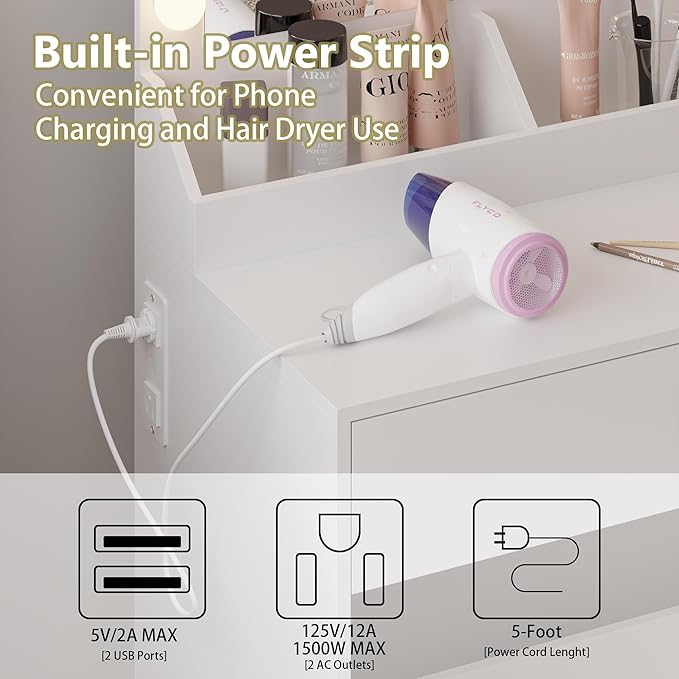 Small Vanity Desk with Mirror and Lights, Makeup Vanity Desk with Adjustable Brightness 3 Light Modes, RGB Storage Cabinet, Power Outlet, Drawer, Shelves, Vanity Table for Women Girls Bedroom