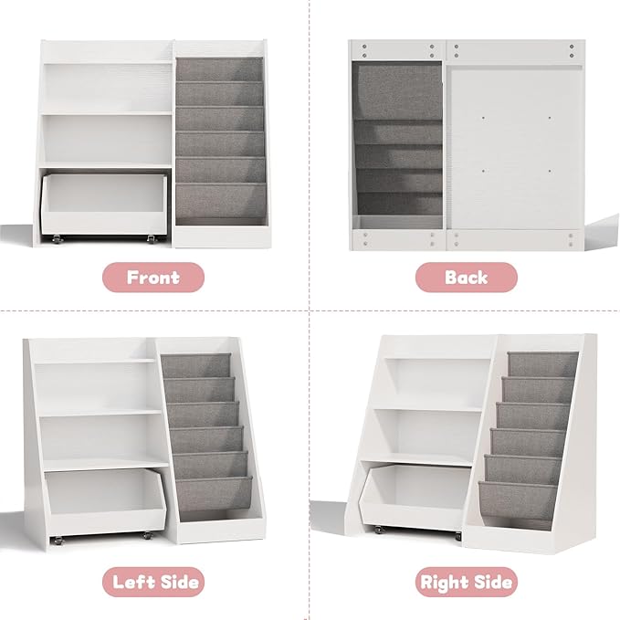 COZPAW Kids Bookshelf and Toy Storage, 4 Tier Toddler Bookshelf with Movable Drawer 5 Sling Pockets, Montessori Book Shelf for Kids Room, Playroom, Nursery (White)