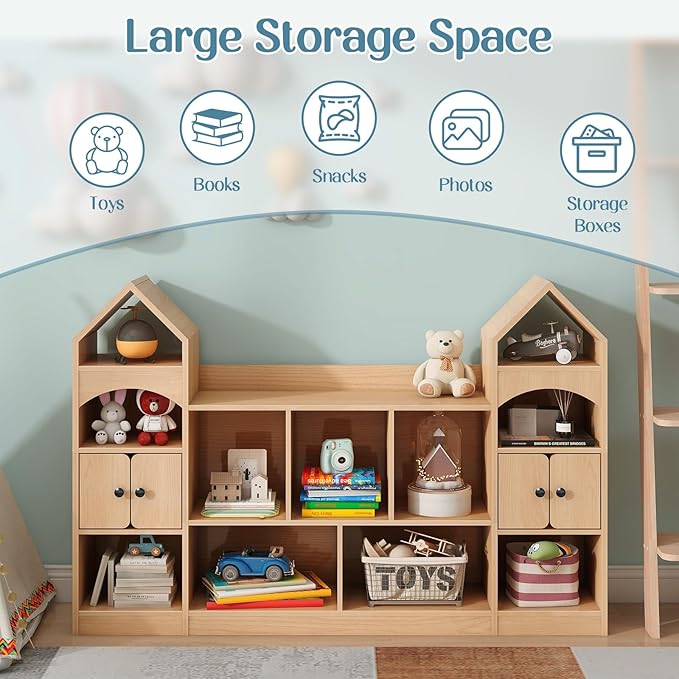 Vabches Kids Bookcase and Toy Storage Organizer, Children Bookshelf, Castle Shape, Playroom Furniture Multipurpose Shelf for Toddlers to Organize Toys and Books Magic Castle, Oak