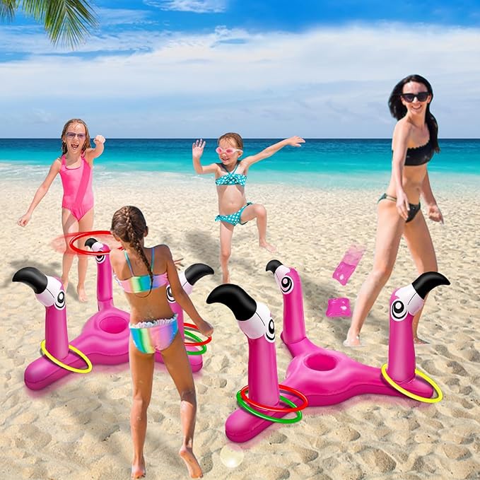 2 Pack Inflatable Flamingo Pool Toys Games Set, 2-in-1 Floating Pool Rings Toss & Cornhole Summer Swimming Luau Party Decor Hawaii Beach Toy Luau Party Games Supplies for Kids Adults Family