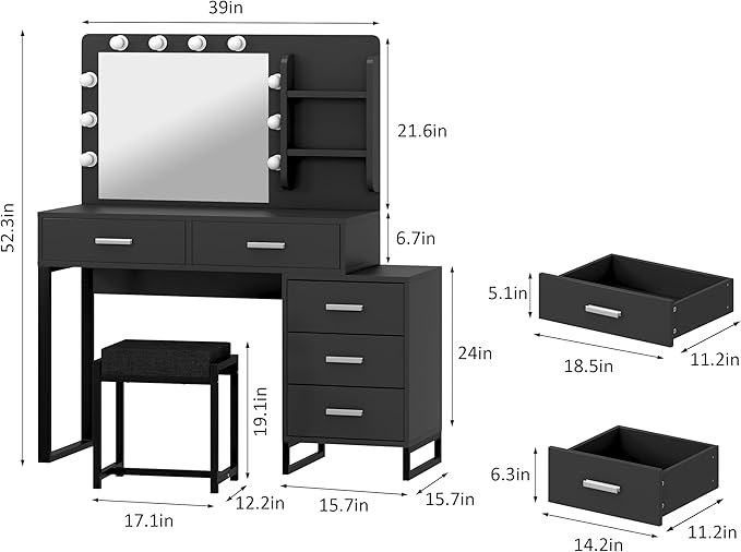Makeup Vanity Desk with Lights,Vanity with Lighted Mirror,3 Lighting Modes Adjustable,Vanity Desk with 5 Storage Drawers,Vanity Set with Bench