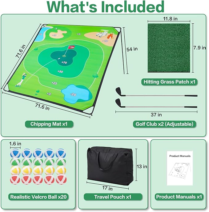 Golf Chipping Game Set, 71"x71" Outdoor Portable Sticky Golf Game, Indoor Chipping Practice with 2 Adjustable Clubs, 20 Sticky Balls for Young Adults, Fathers & Golfers Family Backyard