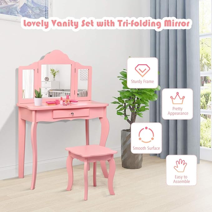 Costzon Kids Wooden Vanity Table & Stool Set, 2 in 1 Detachable Design with Dressing Table and Writing Desk, Princess Makeup Dressing Table with Two 180° Folding Mirror, for Girls, Kids (Pink)