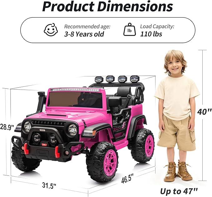 2 Seater Electric Ride on Car Truck, 24V 4x4 Ride on Toy for Kids 4-8 with Remote Control, EVA Tires - Pink