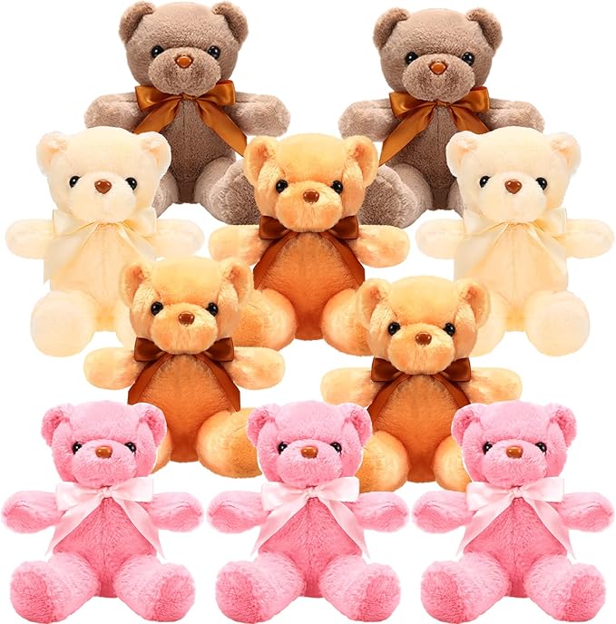 Skylety 10 Pieces Bears Bulk Stuffed Animals Soft Plush Toy Gift Bears with Ribbon Bow for Boys Girls Birthday Wedding Baby Shower Party Favor(Warm Colors)