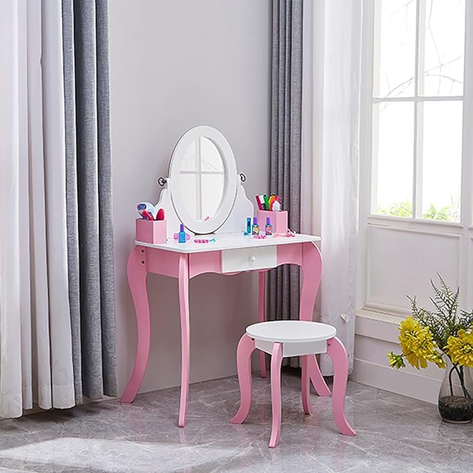 Kids Vanity Set Wooden Princess Play Makeup Table with Stool, Rotating Mirror & Anti-Slip Feet - Toddler Girls Dress Up Dressing Furniture Gift (Pink)