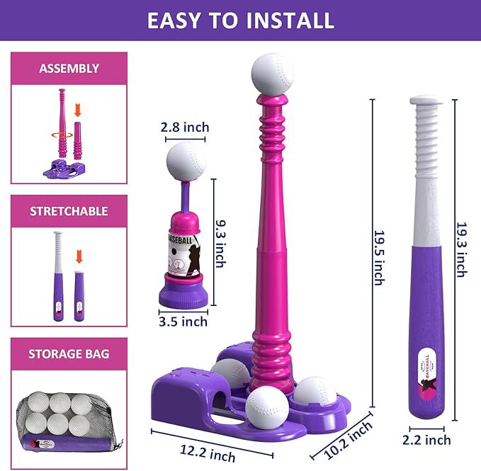 QDRAGON 2 in 1 T Ball Sets for Kids 3-5 5-8, Tee Ball Set with Automatic Pitching Machine/Adjustable Batting Bat & Stand/6 Balls, Baseball Toys Outdoor Sport for Toddlers Girls, Pink