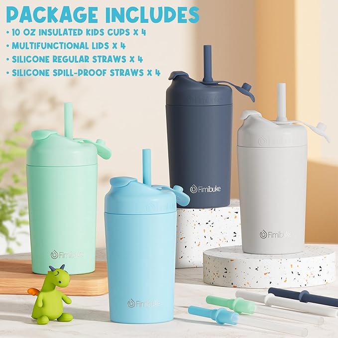 Fimibuke Kids & Toddler Cups, 10 OZ Spill Proof Straw Cups for Toddlers, 4 Pack Leak-Proof Kid Insulated Tumbler with Screw-On Lid & Silicone Straw with Stopper, Stainless Steel Sippy Cup for Girl Boy