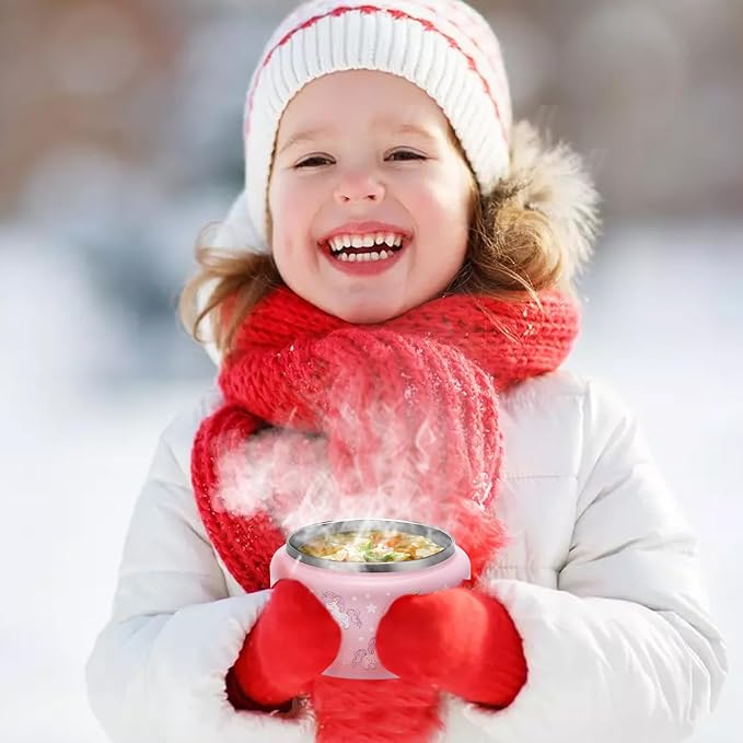 13.5oz Kids Soup Jar for Hot Food Vacuum Insulated Food Jar with Buckle Lid, Stainless Steel Wide Mouth Leak Proof Lunch Container for School Picnic Travel (Unicorn Pink)