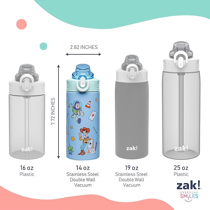 Zak Designs Disney and Pixar Toy Story Sage Kids Water Bottle For School or Travel, 14oz Stainless Steel Water Bottle With Straw, Handle, and Leak-Proof, Pop-Up Spout Cover (Woody, Buzz & Friends)